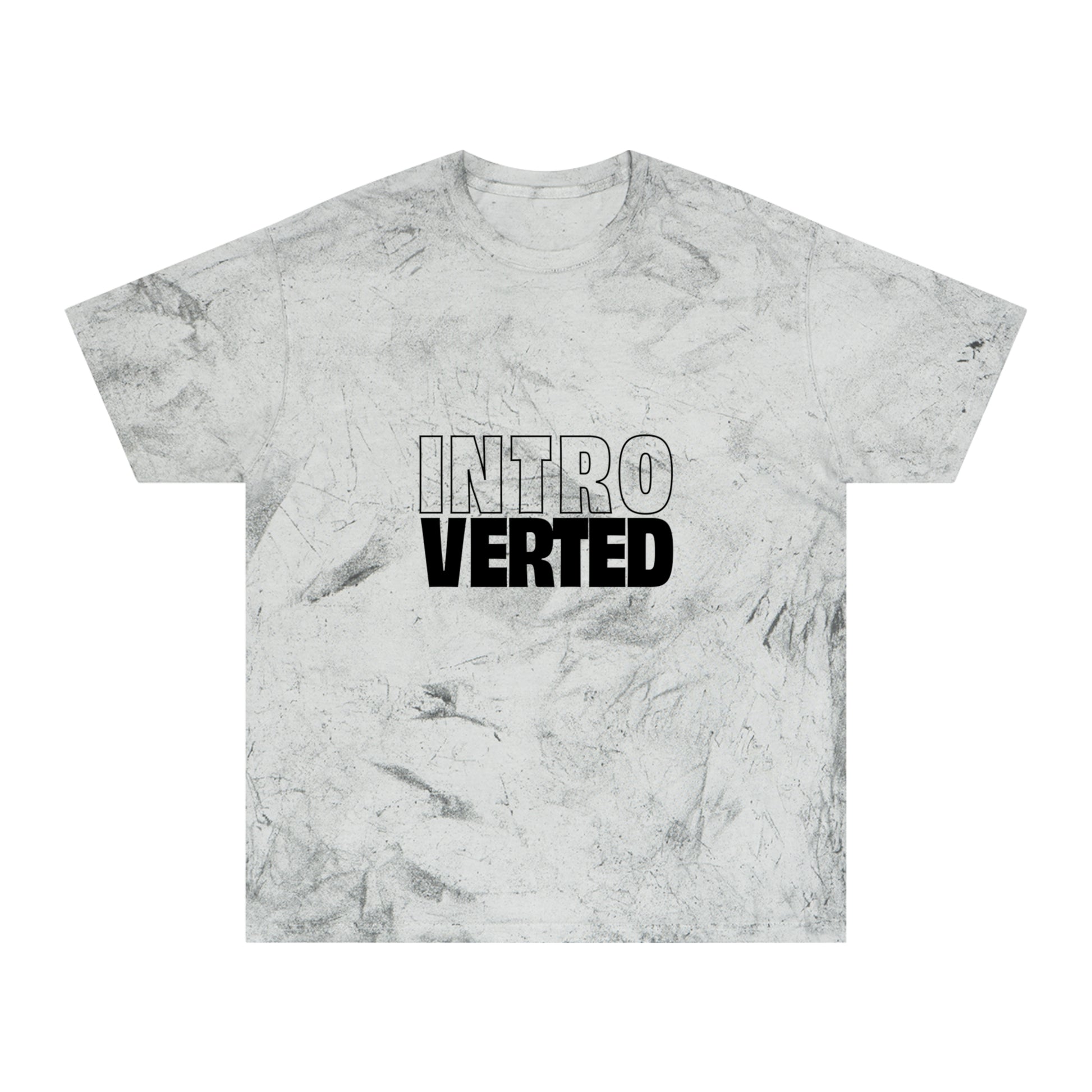 Flat lay of gray tie-dye Introverted Color Blast T-Shirt