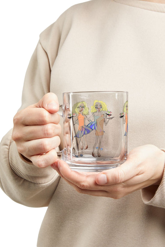 Person holding waitress glass mug with hand-drawn server artwork