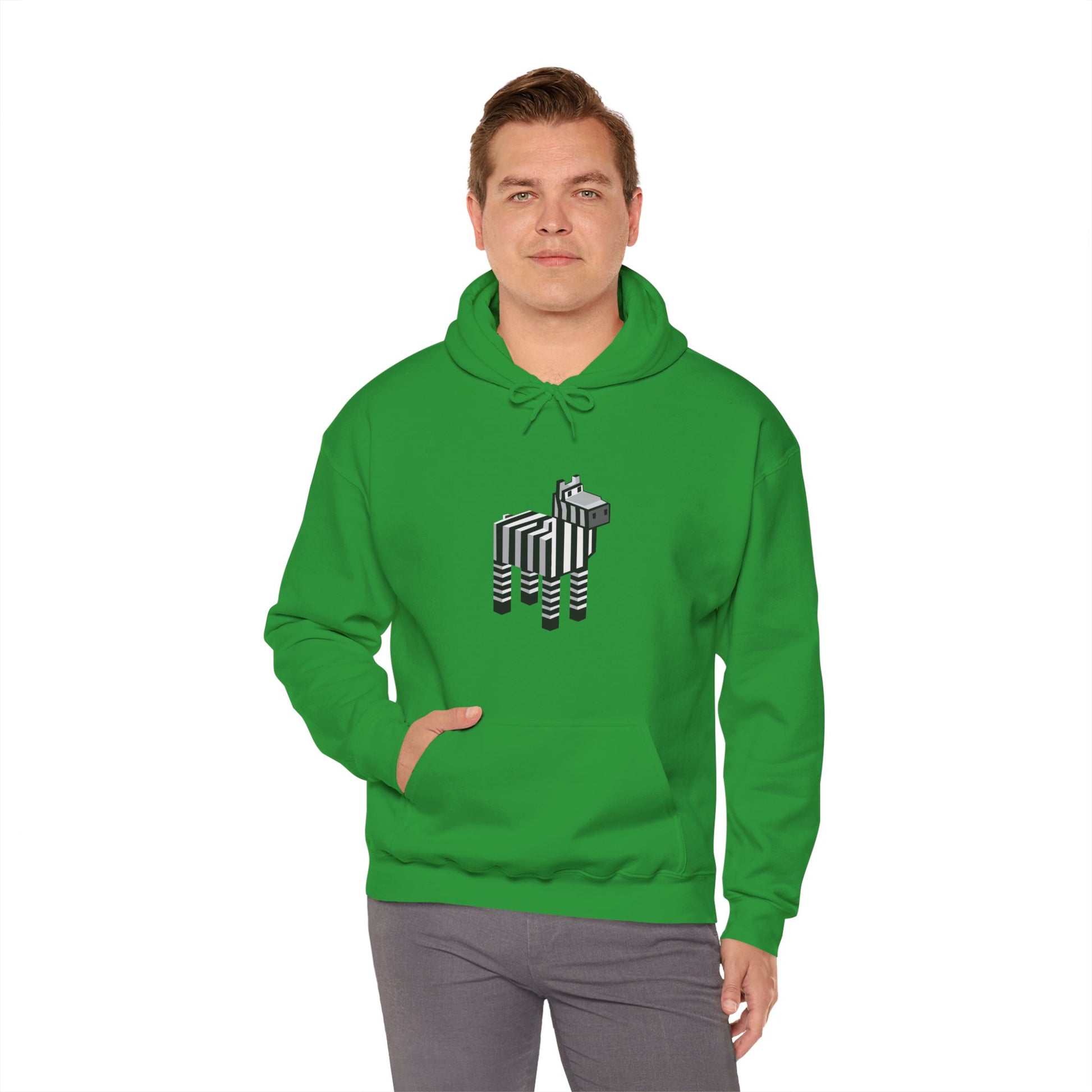 Arcade Zebra Hooded Sweatshirt – Retro Gaming Pixel Hoodie worn by man in green