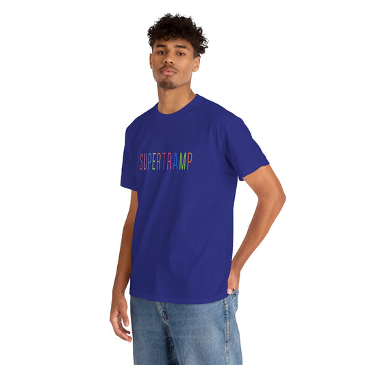 Model wearing royal blue Supertramp unisex t-shirt with multicolor logo.