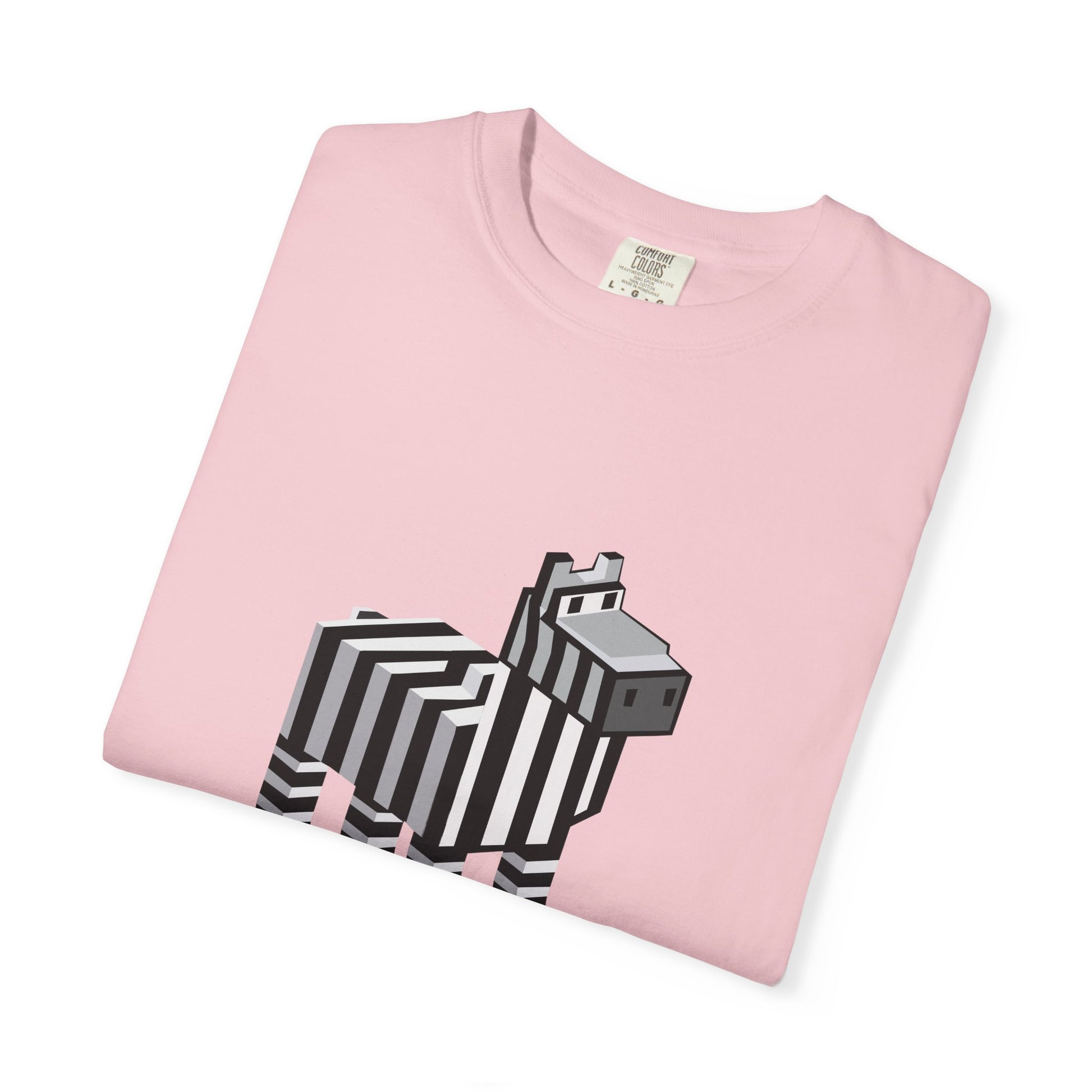Folded pink Pixel Zebra T-Shirt showing zebra graphic