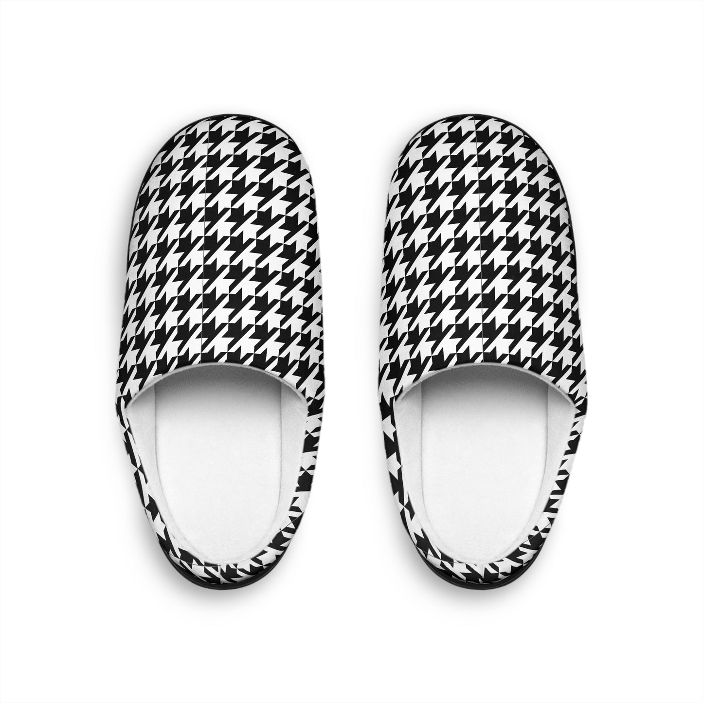 op view of Pied de Poule women’s slippers with classic black and white pattern on white background