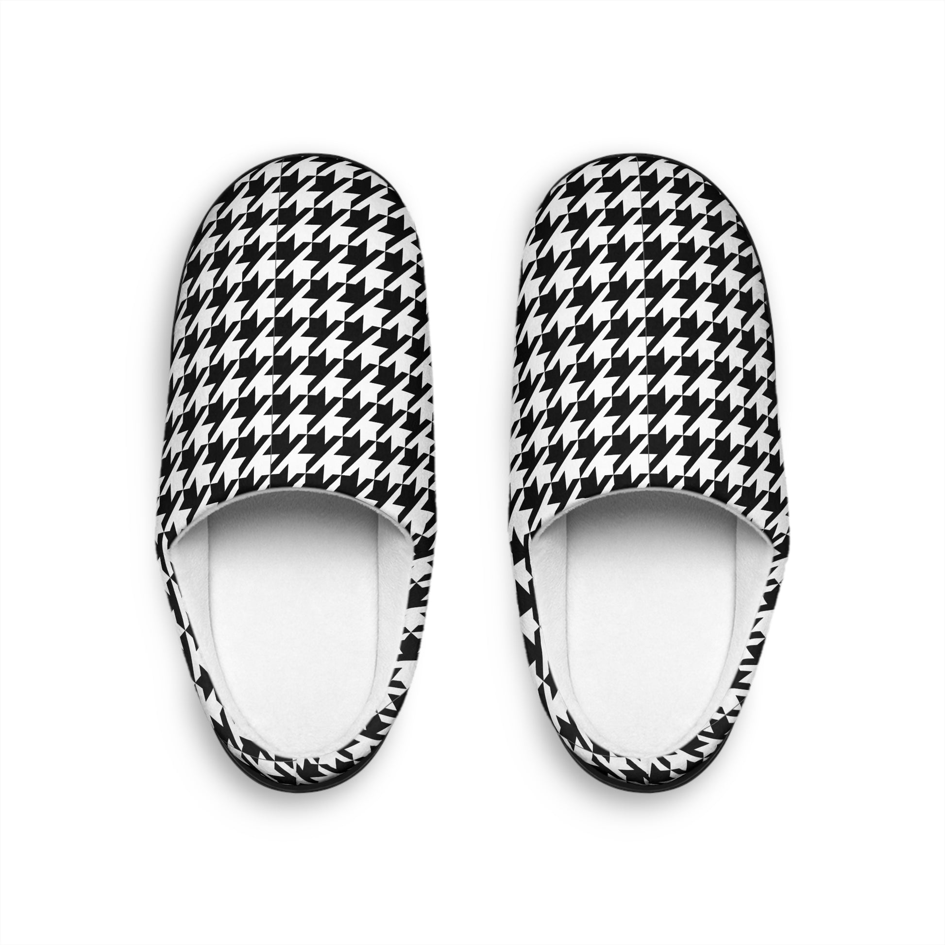 op view of Pied de Poule women’s slippers with classic black and white pattern on white background