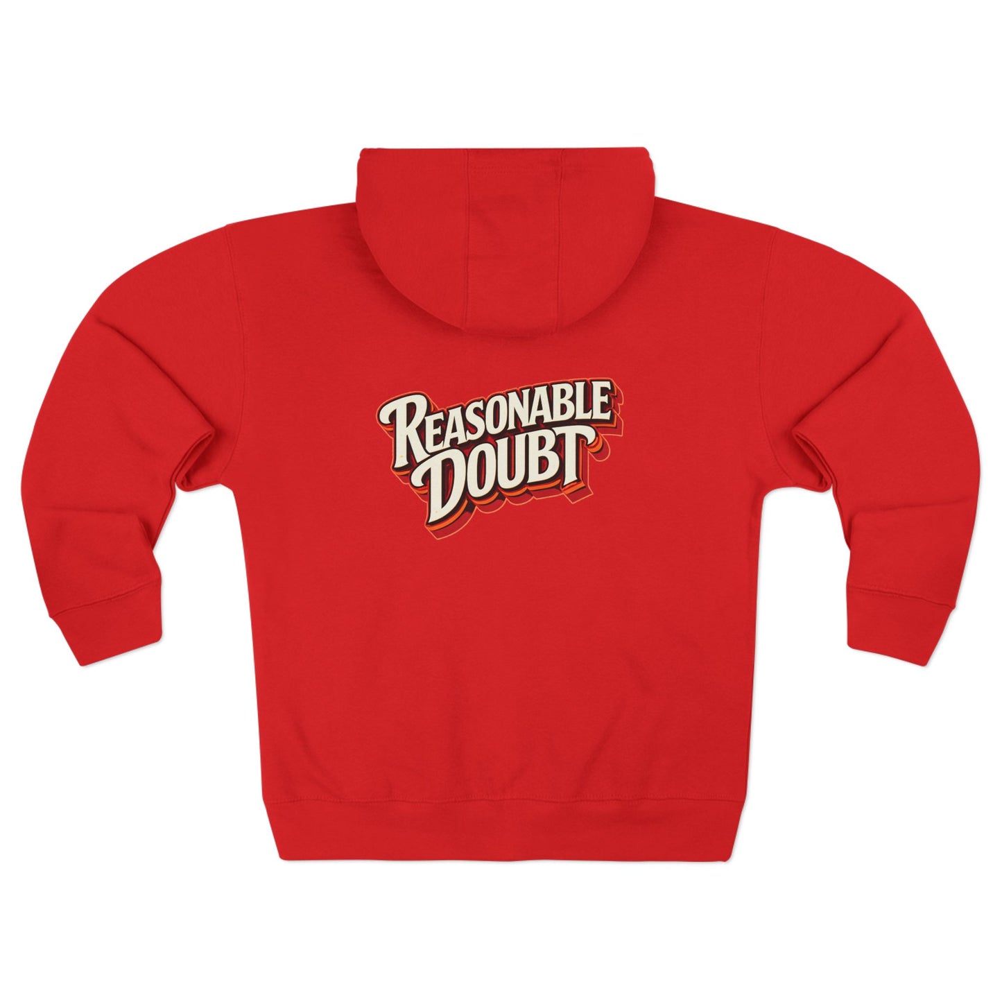 Red hoodie with 'Reasonable Doubt' text on the back against a white background