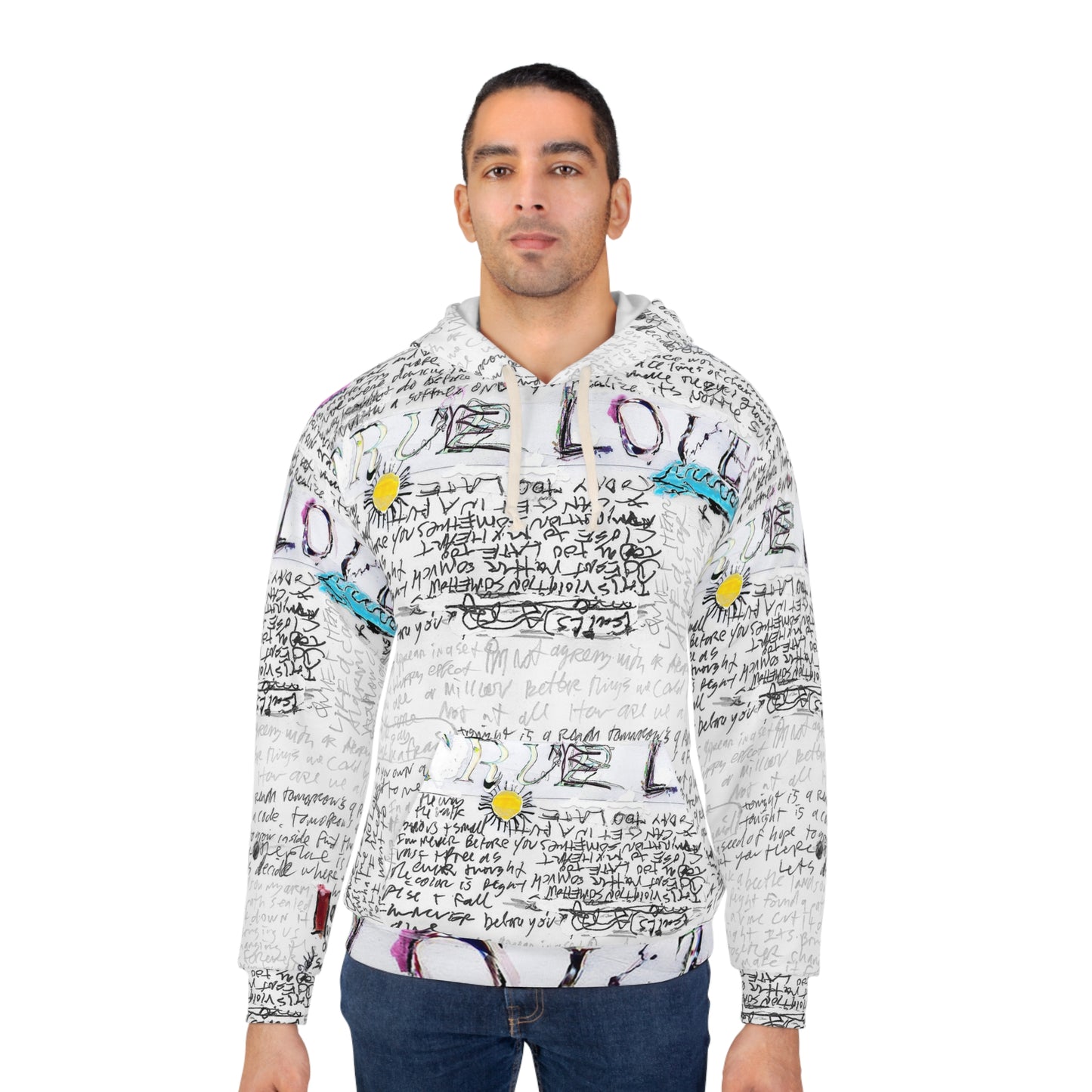 Male model wearing white unisex hoodie with handwritten text and doodle artwork, standing against a plain background