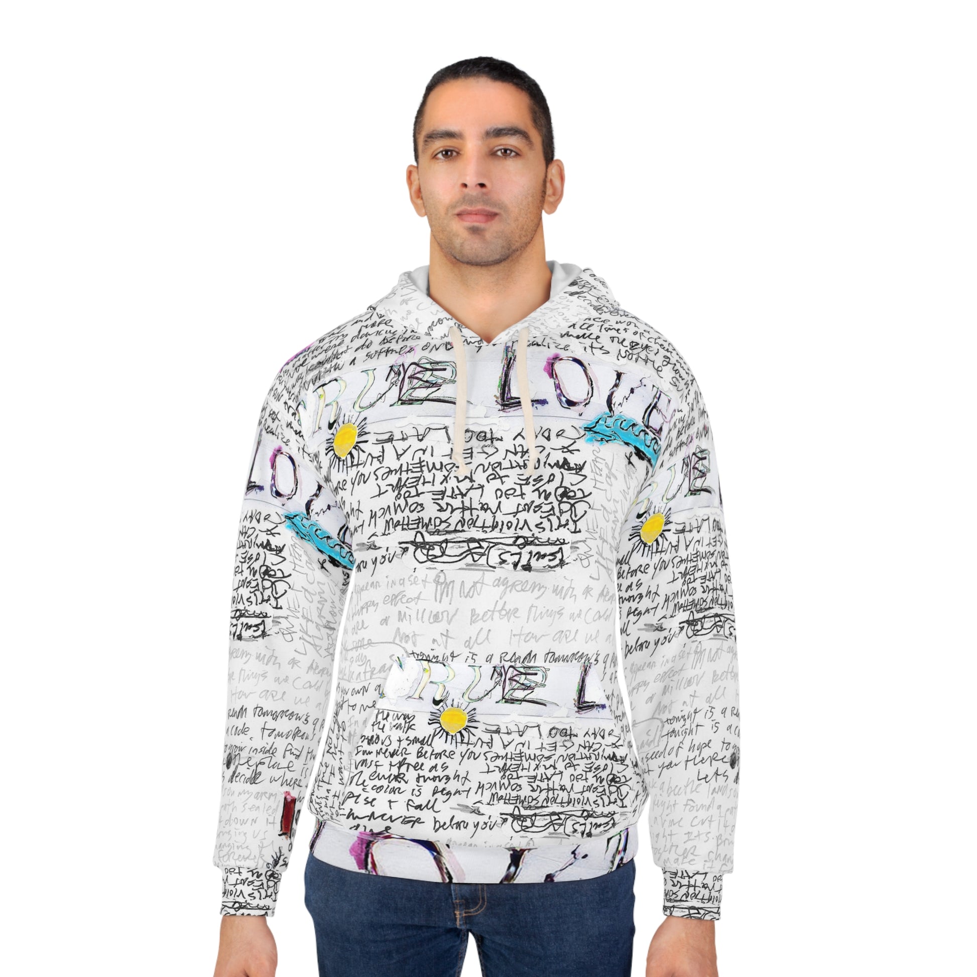 Male model wearing white unisex hoodie with handwritten text and doodle artwork, standing against a plain background