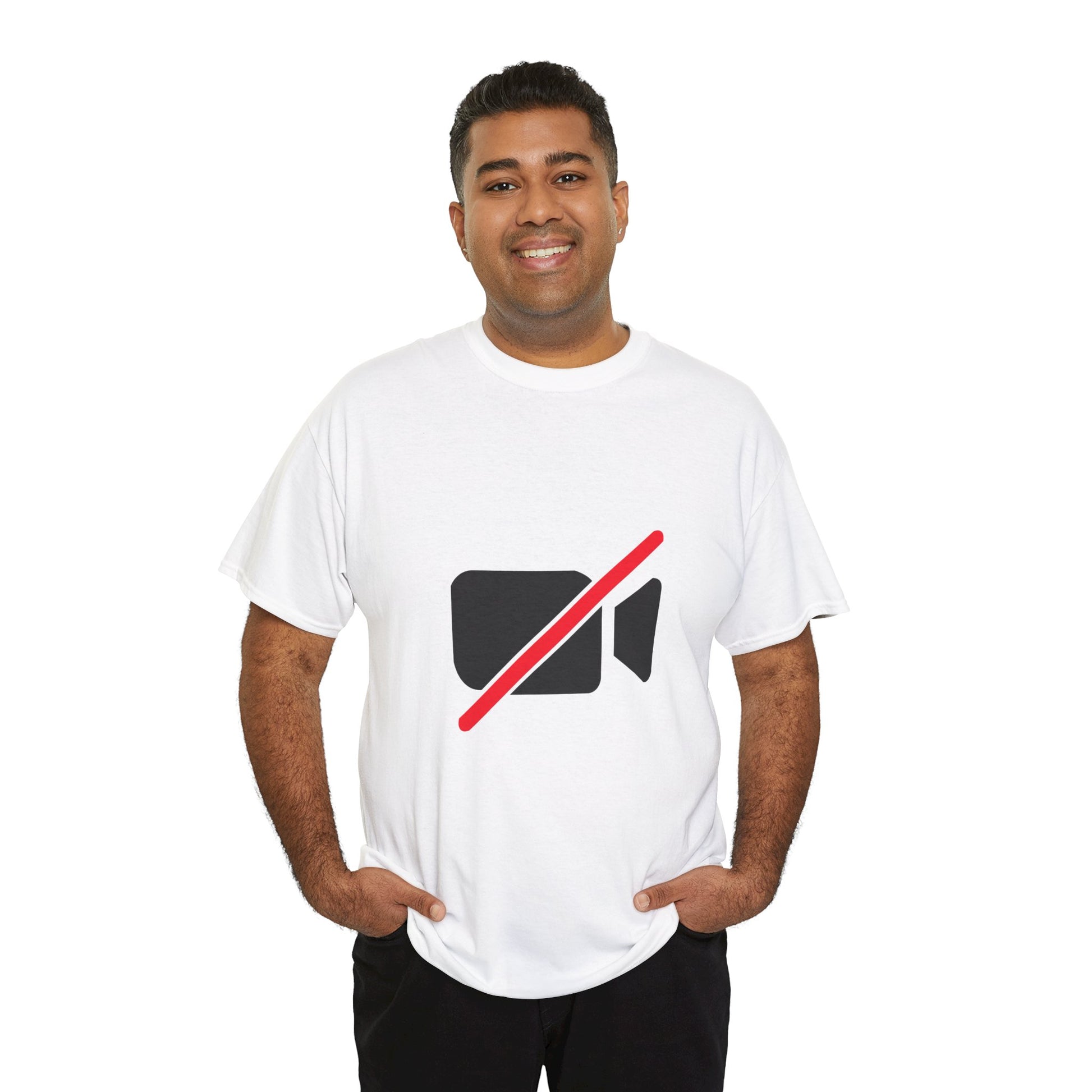 Camera Off unisex T-shirt funny remote worker graphic tee with camera off icon worn by man