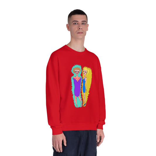 Unisex red crewneck sweatshirt with two bold hand-drawn fashion characters

