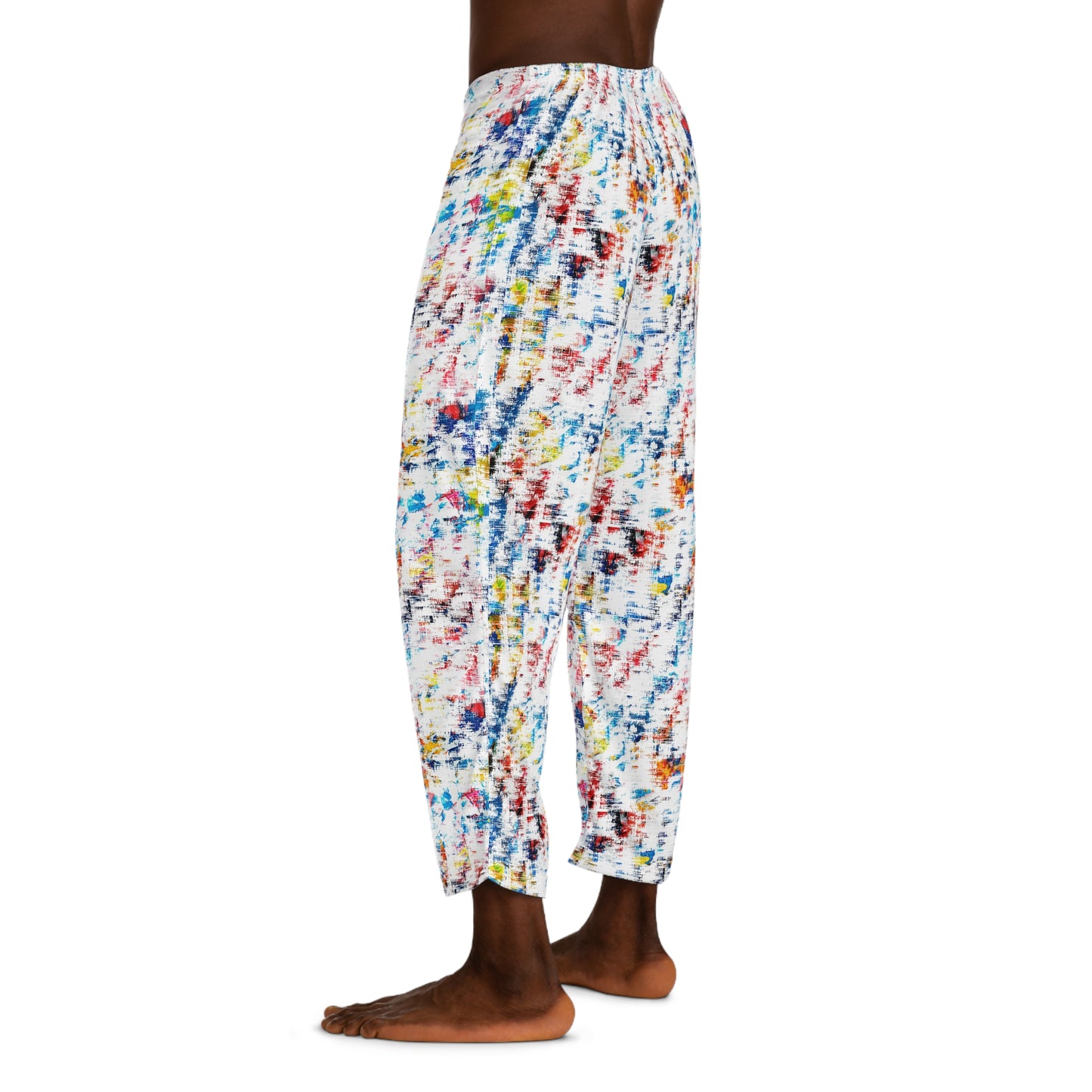Model wearing Hip Tie Dye Men’s Pajama Pants side view with relaxed fit and bold design