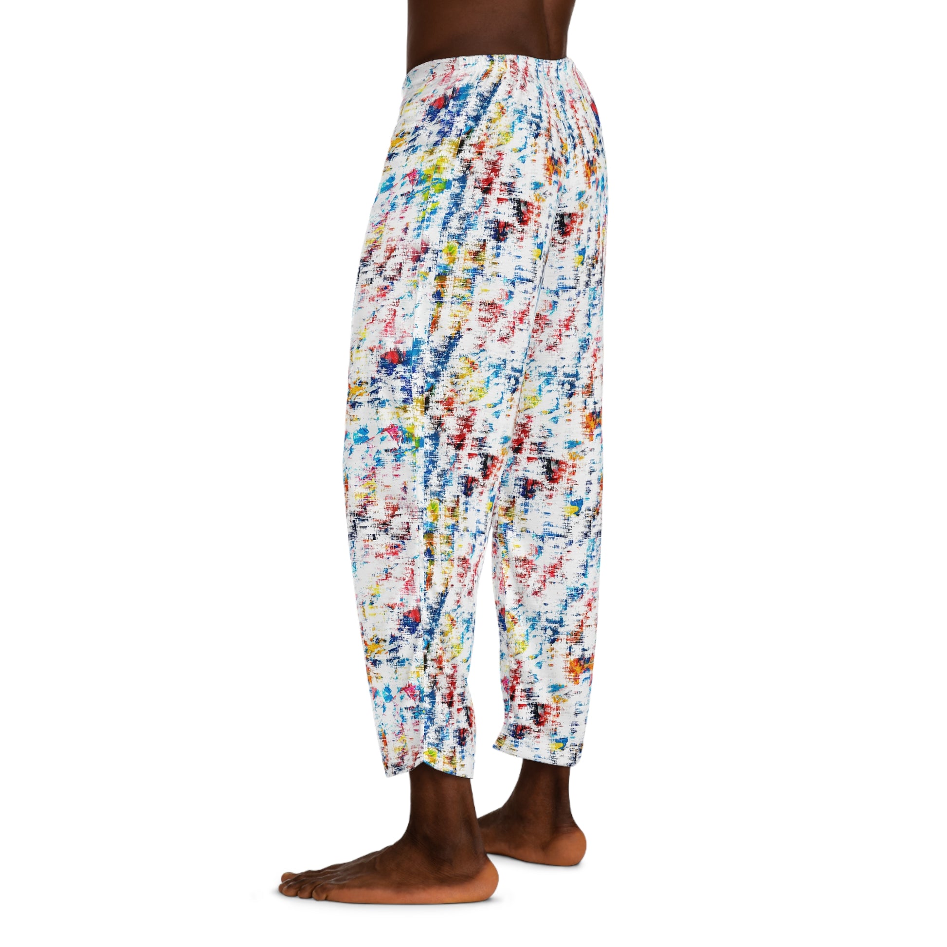 Model wearing Hip Tie Dye Men’s Pajama Pants side view with relaxed fit and bold design