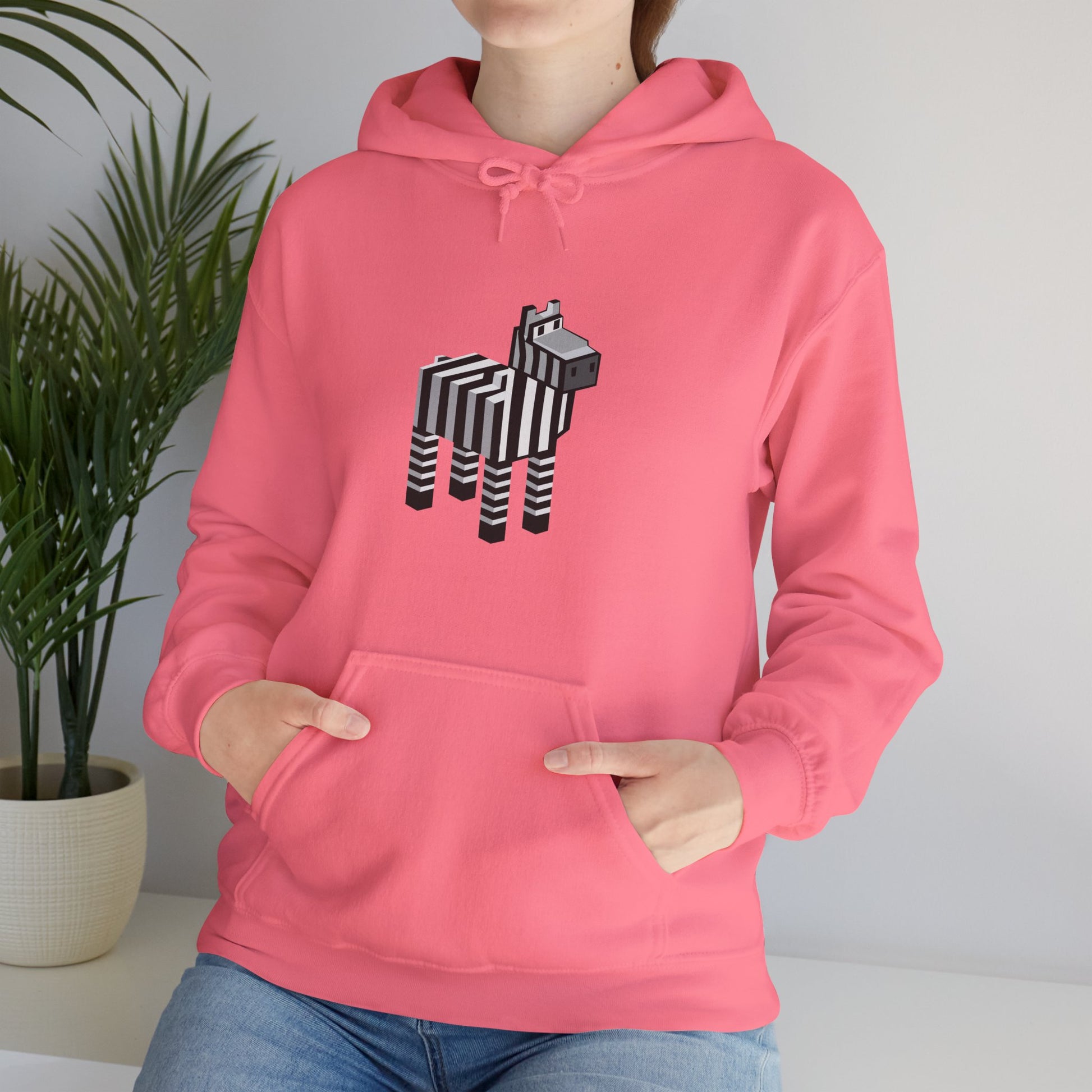 Arcade Zebra Hooded Sweatshirt – Retro Gaming Pixel Hoodie worn by woman in pink