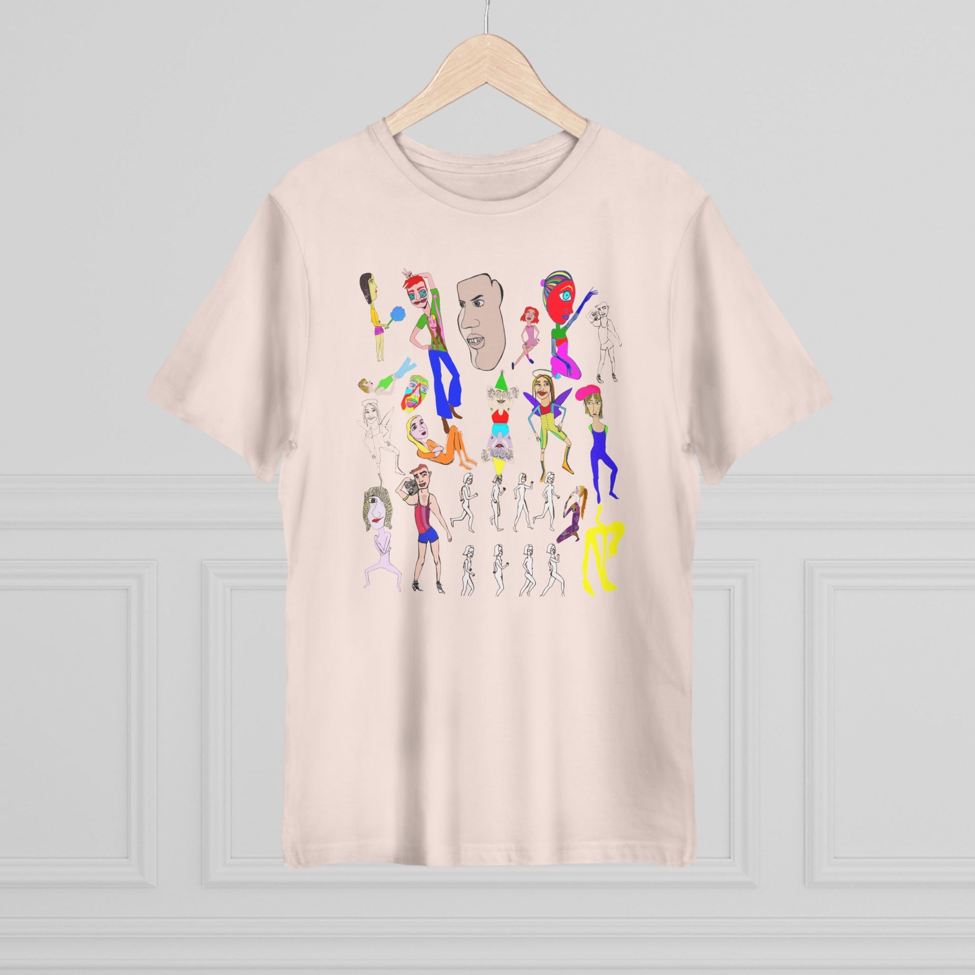 Peach Mix Unisex Deluxe T-Shirt with original hand drawn art on hanger.
