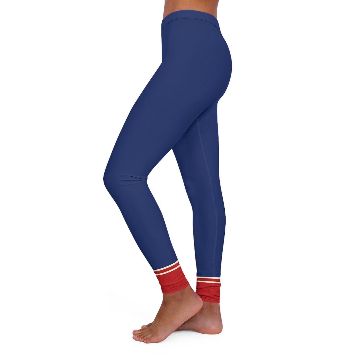 Blue leggings with red cuffs on a white background