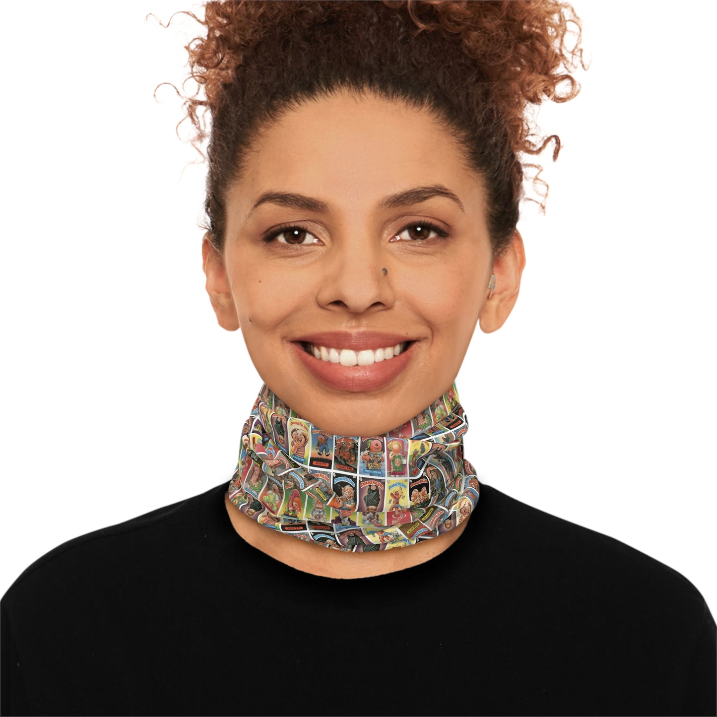 Front view smiling model wearing colorful retro trading card collage neck gaiter