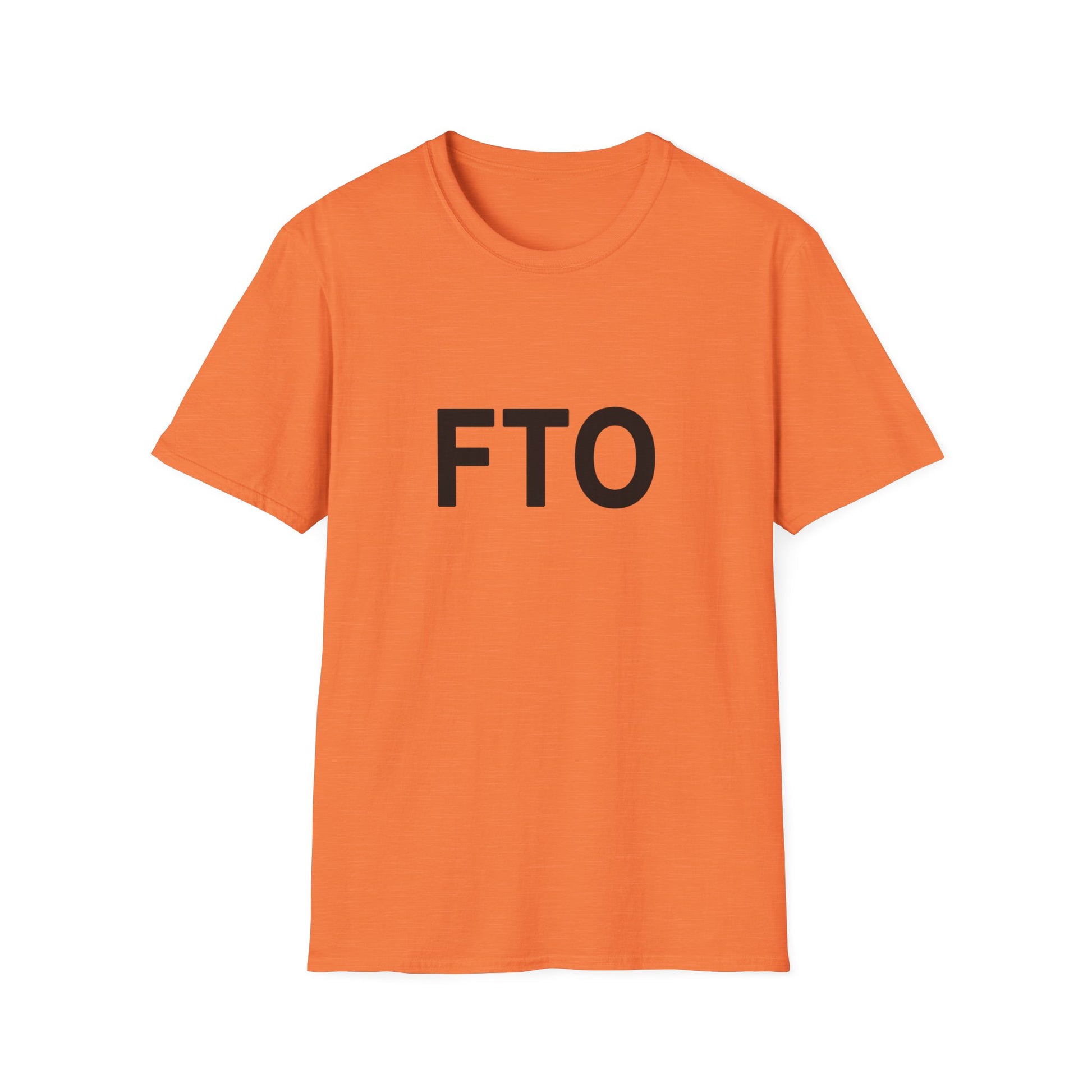 Orange t-shirt with 'FTO' text on a white background