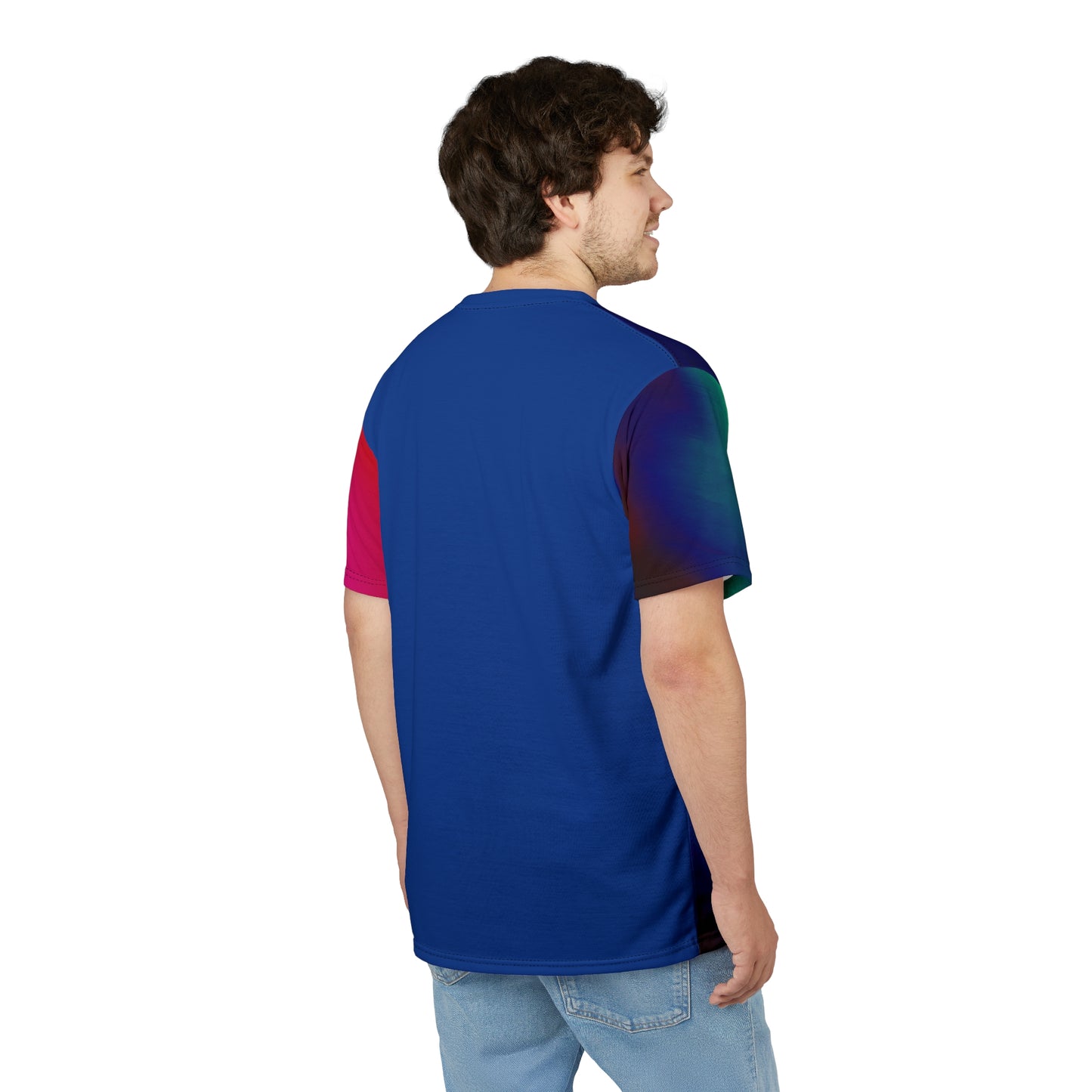 Side view of male model in Acid Dream Unisex T-shirt highlighting colorful sleeve detail