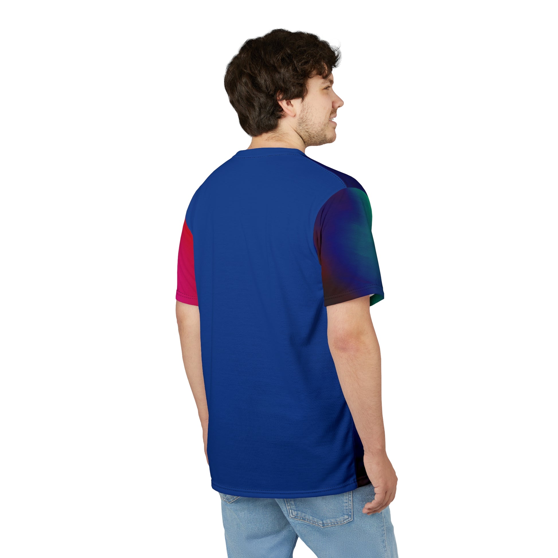 Side view of male model in Acid Dream Unisex T-shirt highlighting colorful sleeve detail