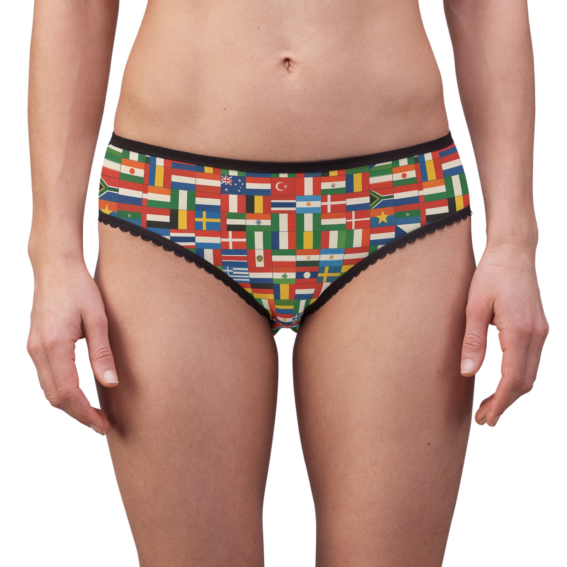 model wearing United Nations panties with world flags print, colorful statement underwear front fit