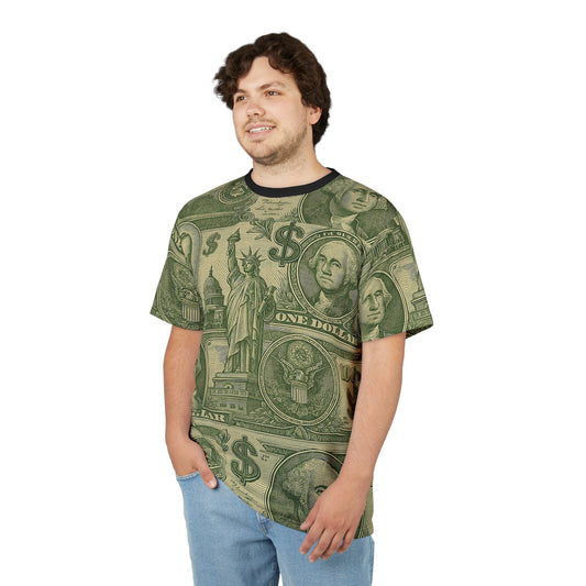Male model wearing Dollar T-Shirt with hands in pockets, front view