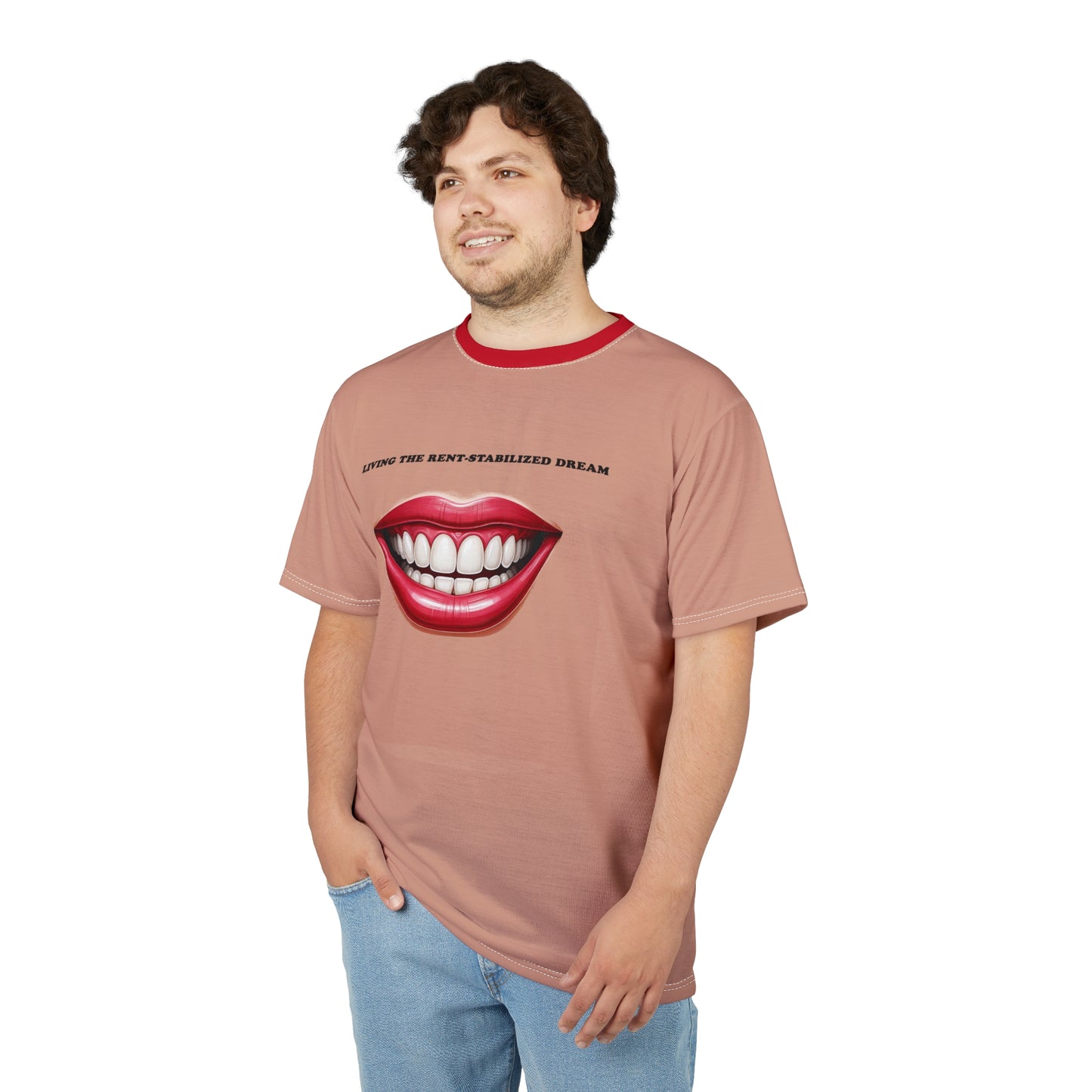 Beige Rent-Stabilized Dream graphic tee with red collar worn by male model, angled view