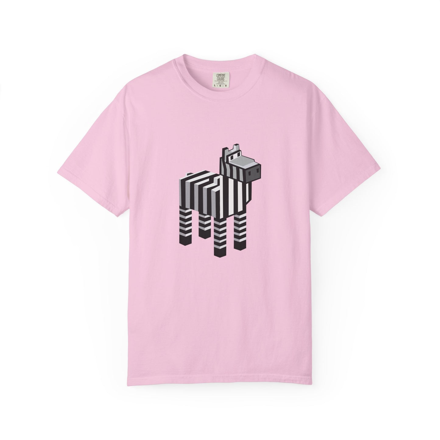 Unisex Pixel Zebra T-Shirt flat lay in pink with pixel zebra design