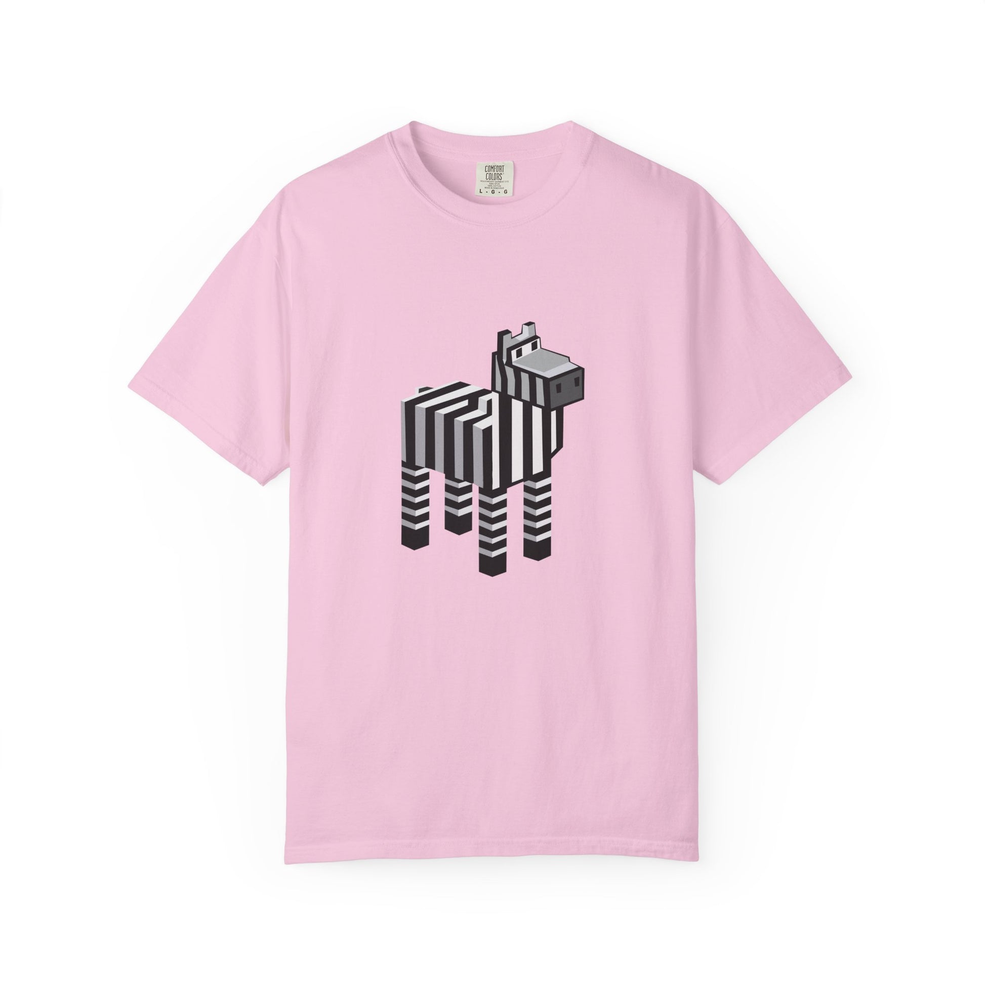 Unisex Pixel Zebra T-Shirt flat lay in pink with pixel zebra design