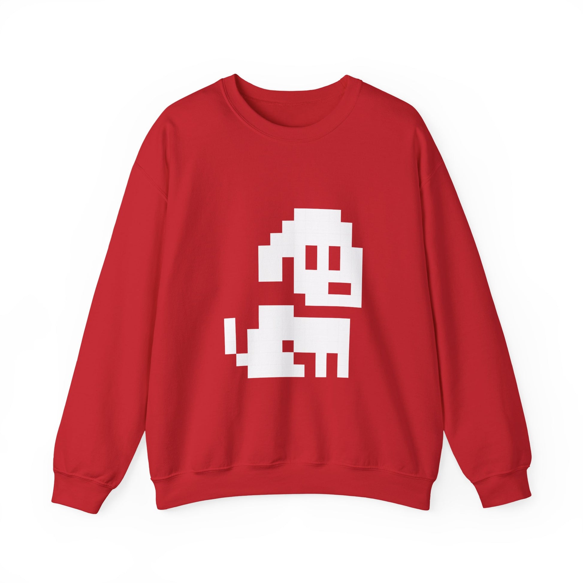 Red sweatshirt with a white pixelated dog on a white background