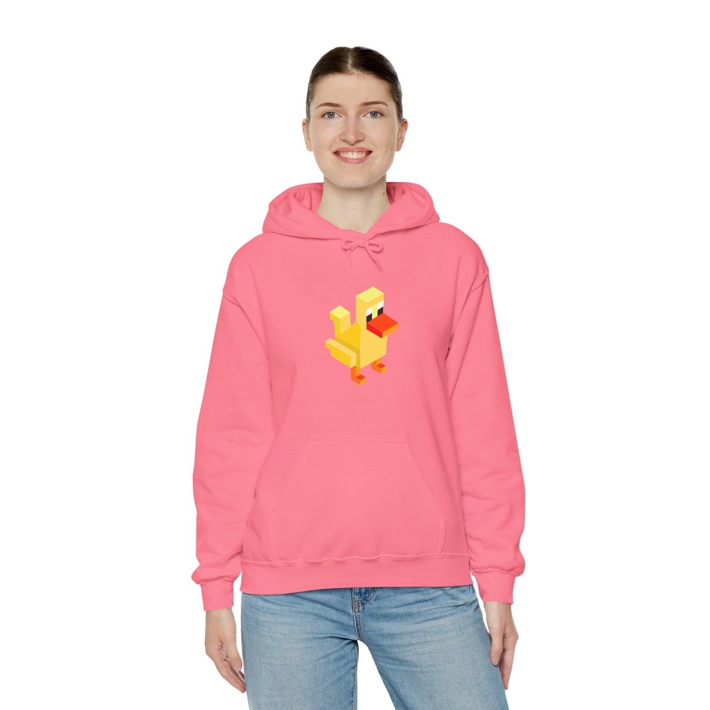 Woman wearing safety pink pixel duck hoodie, bold gamer streetwear retro gaming fashion