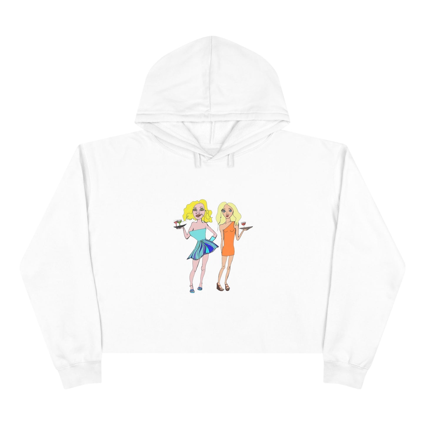 Waitress Crop Unisex Hoodie in white laid flat with original waitress artwork