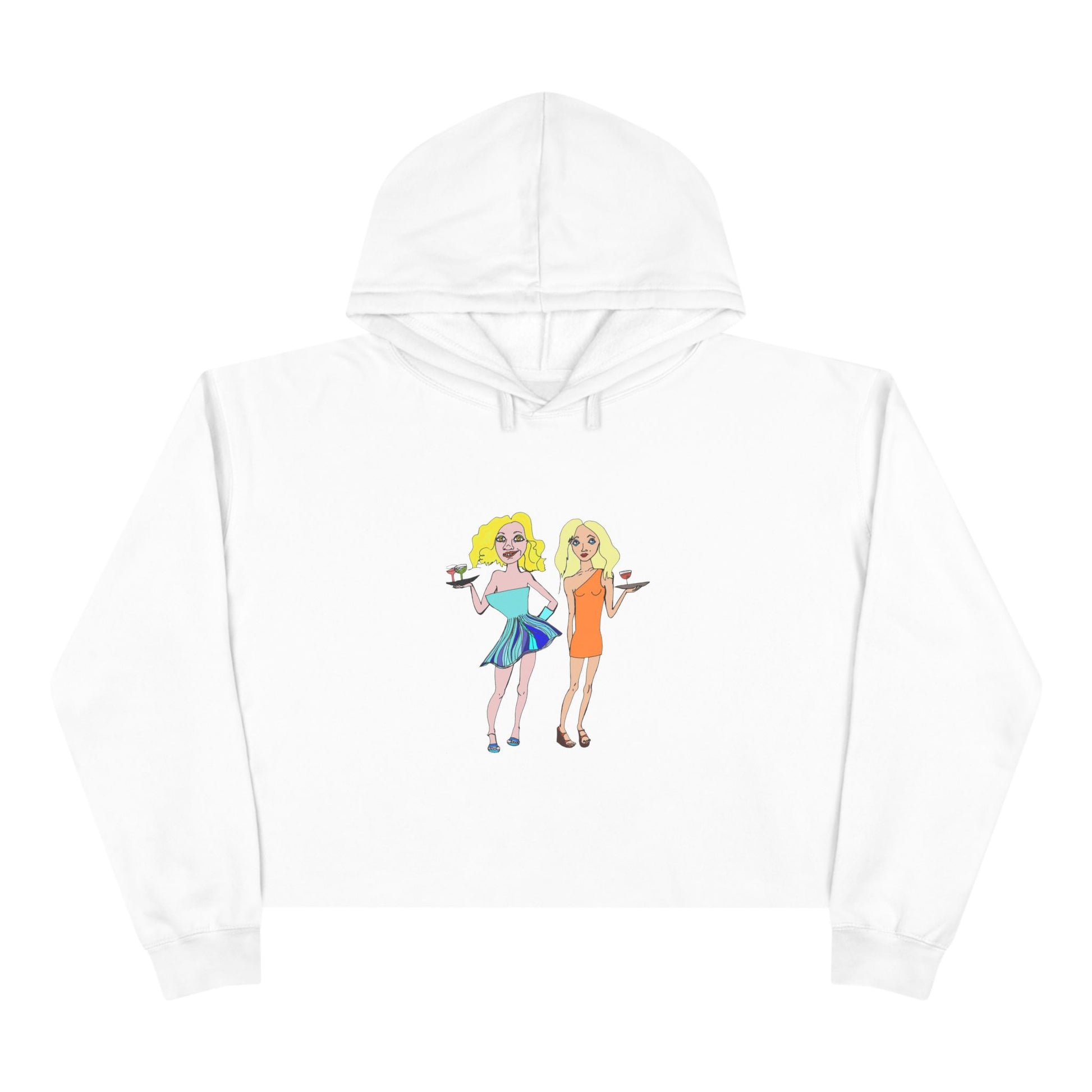 Waitress Crop Unisex Hoodie in white laid flat with original waitress artwork