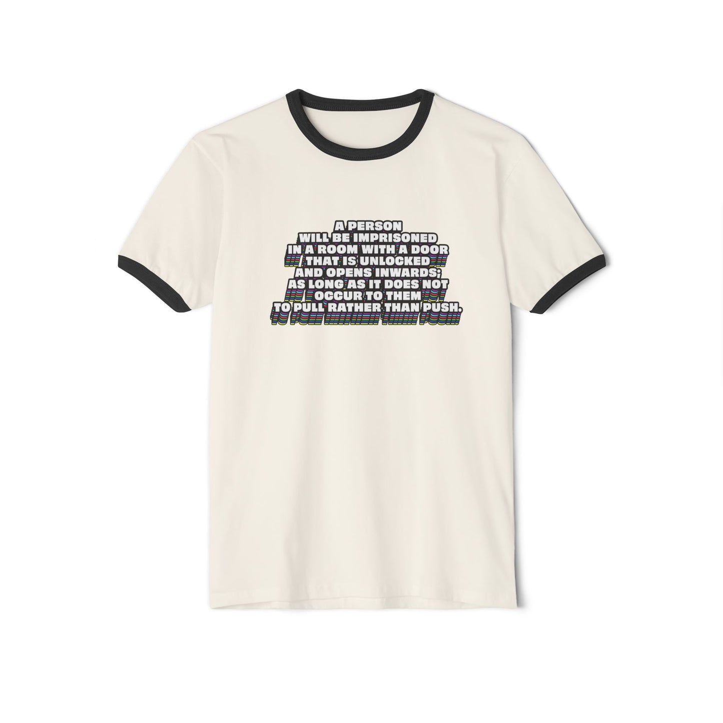 Cream Clever Quote Unisex T-Shirt flat lay with contrasting black collar