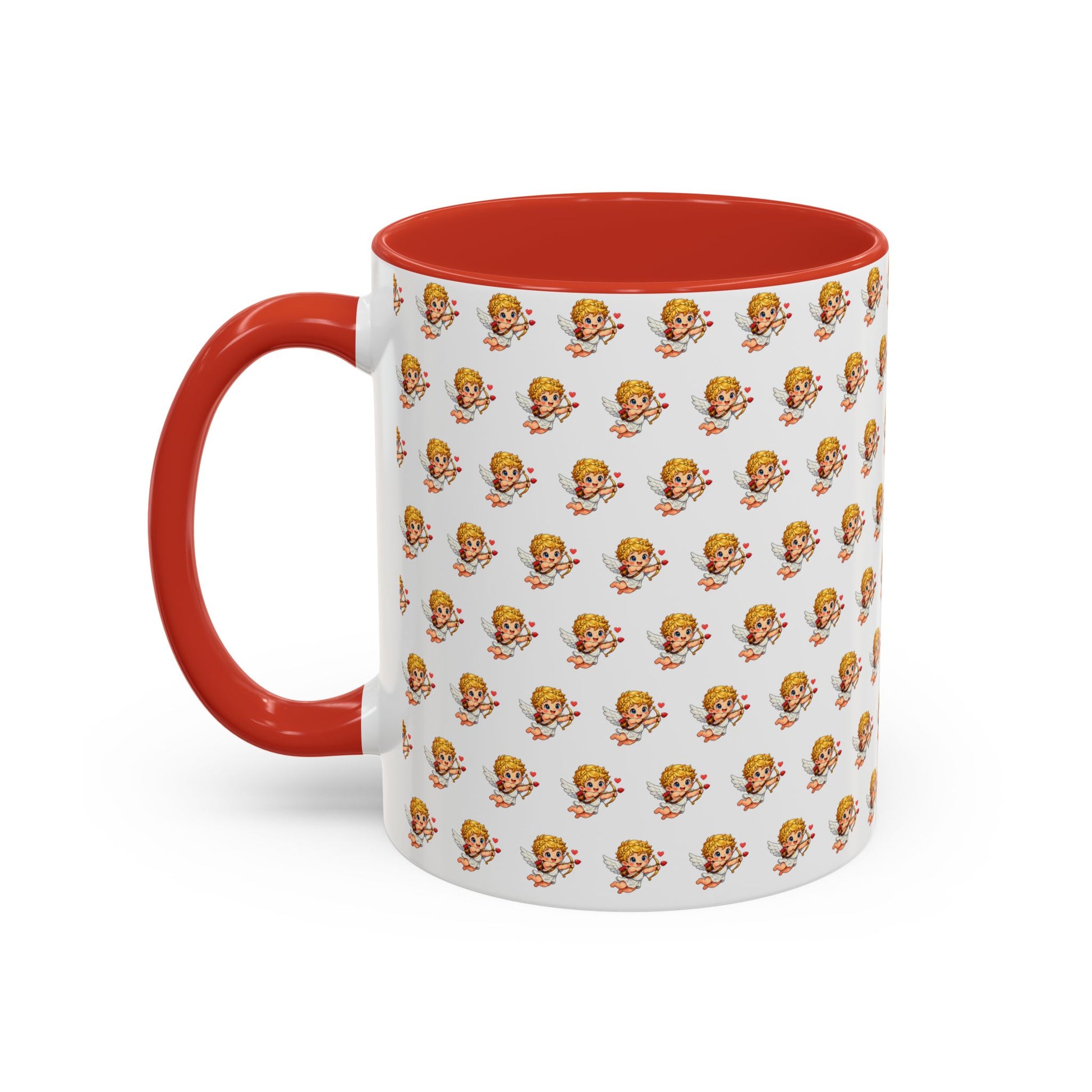 Valentine cupid pattern coffee mug with red accent handle and interior