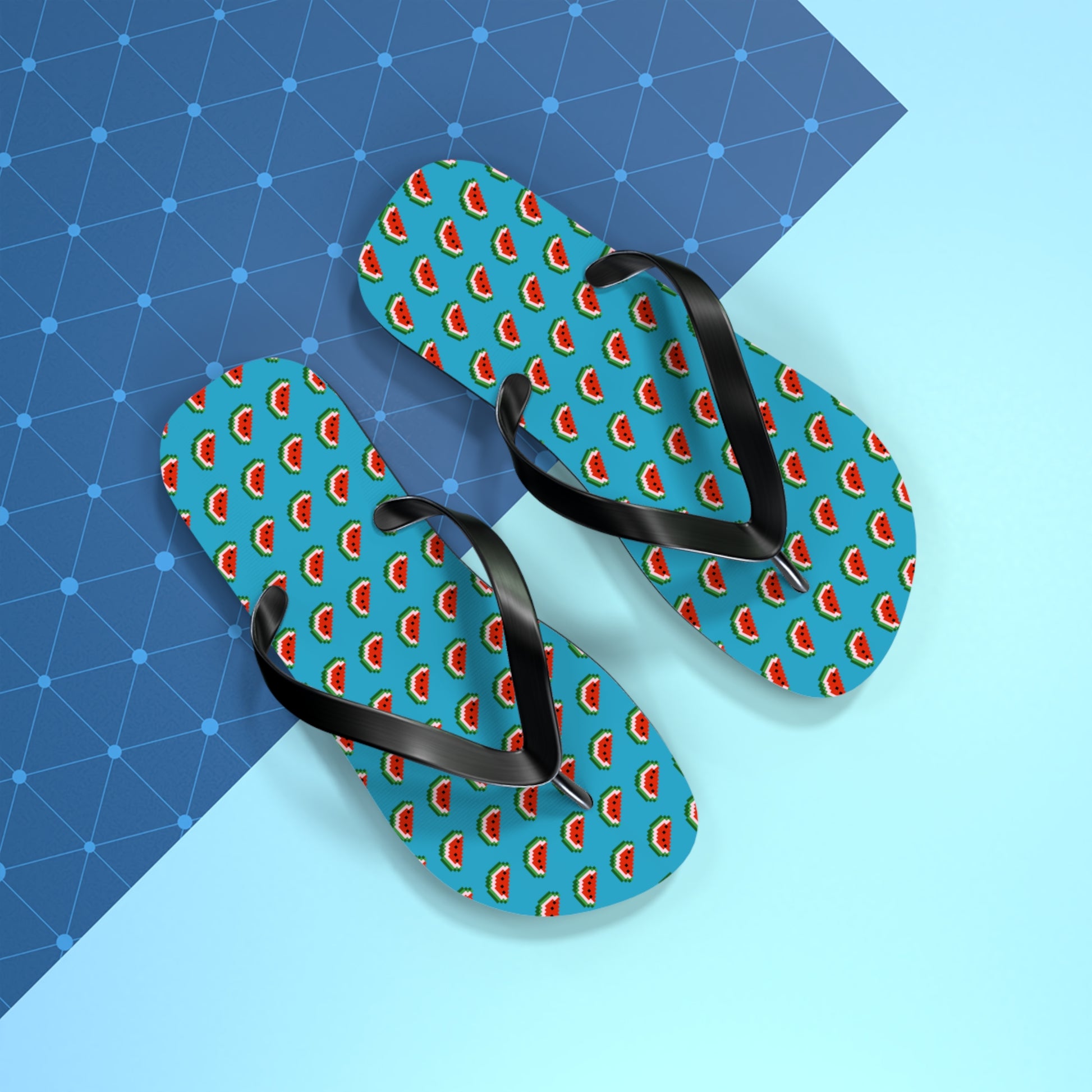 Watermelon flip flops on blue background in gaming style layout