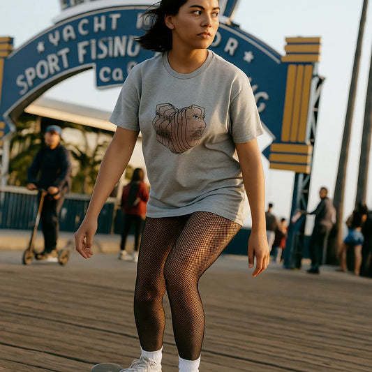 Woman wearing Charlie Unisex Deluxe T-Shirt with abstract face artwork while walking outdoors on a boardwalk