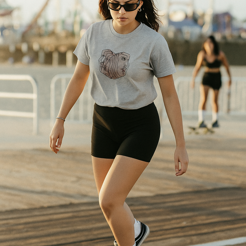 Woman walking on a wooden boardwalk wearing a gray t-shirt with a graphic design and black shorts.