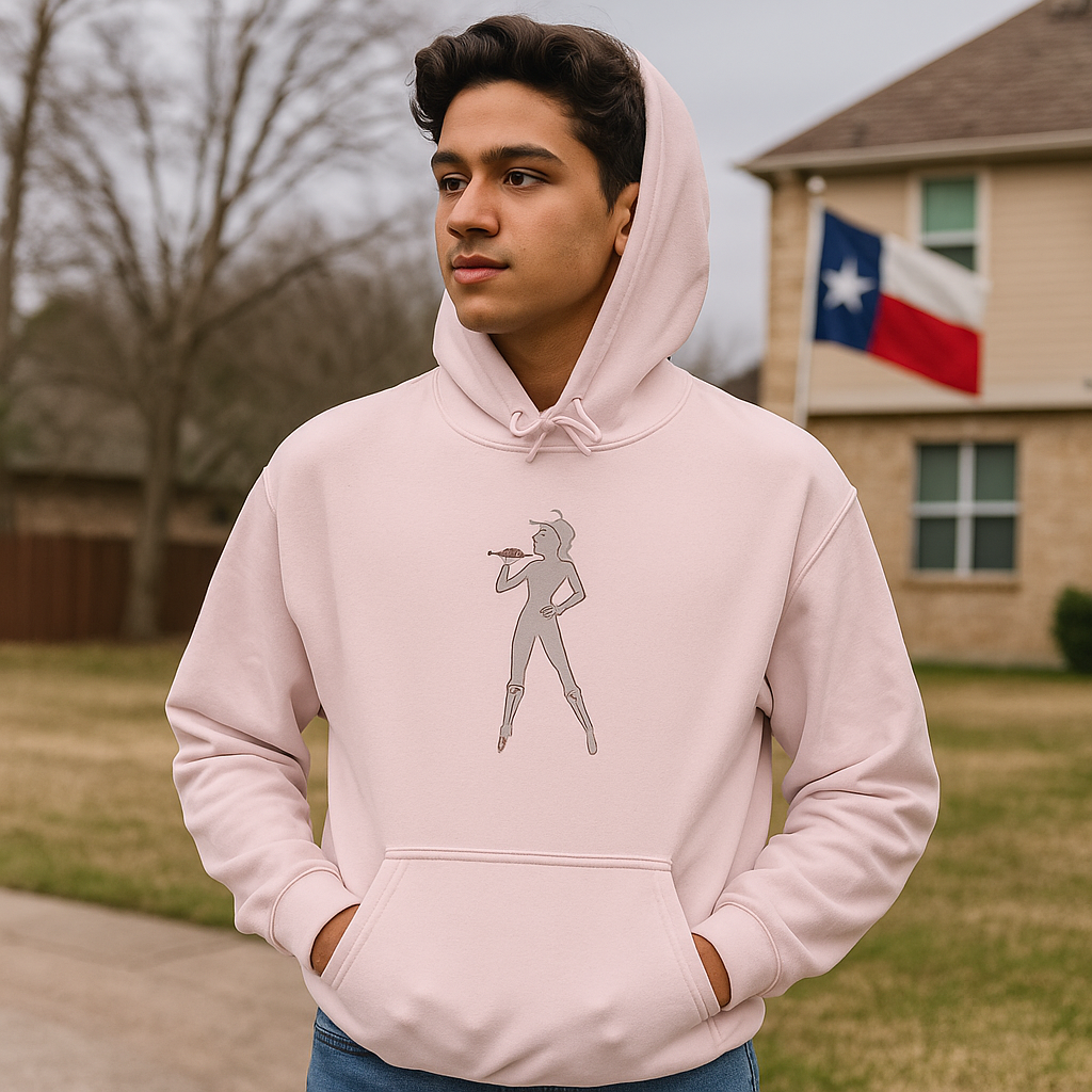 Light pink Bey Country Hoodie on male model outdoors in suburban yard.