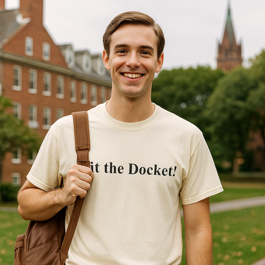 Young man standing on a college campus wearing a cream colored tee reading “Hit the Docket!”