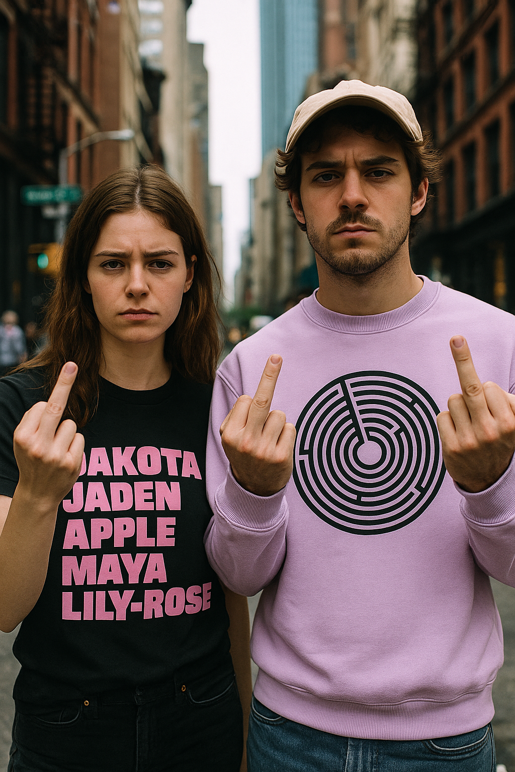 Two people making a middle finger gesture on a city street wearing Anti Nepotism apparel from Tantrum Media Store