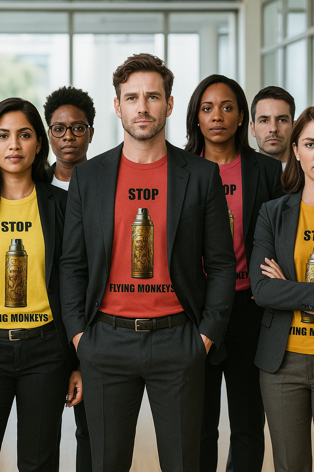 A group of corporate workers wearing "Stop Flying Monkeys" T-shirts in different colors