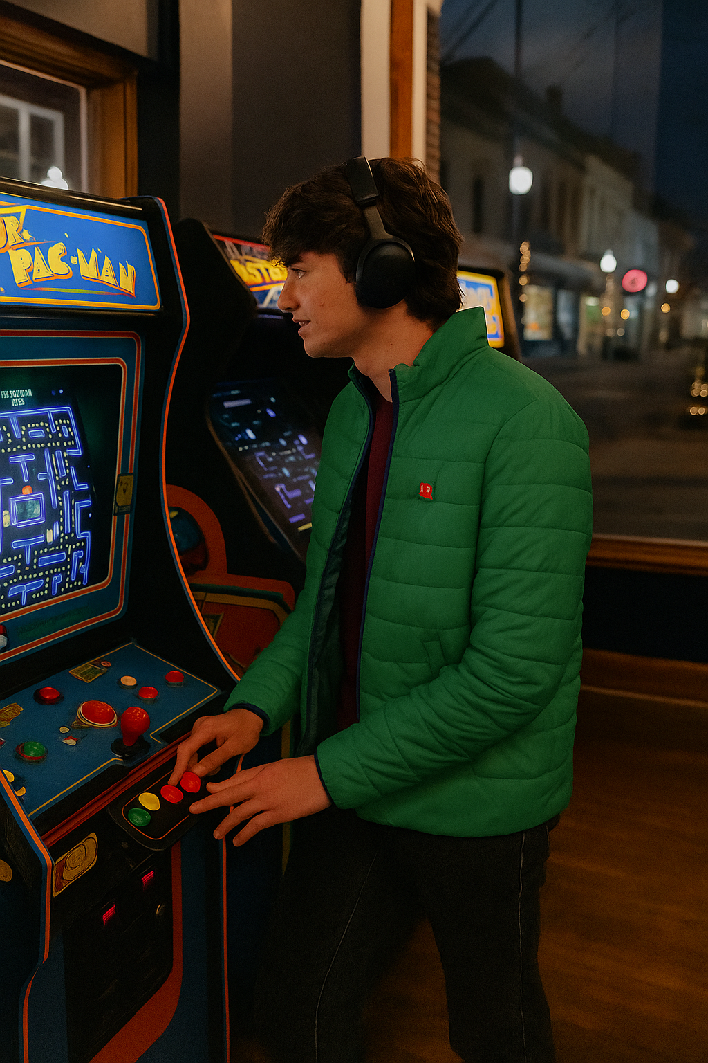 Model wearing Blinky Men’s Green Puffer Jacket playing Pac-Man arcade game indoors