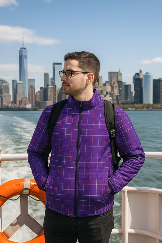 Model wearing Colorful Grid Men’s Puffer Jacket with purple plaid design outdoors in city skyline view
