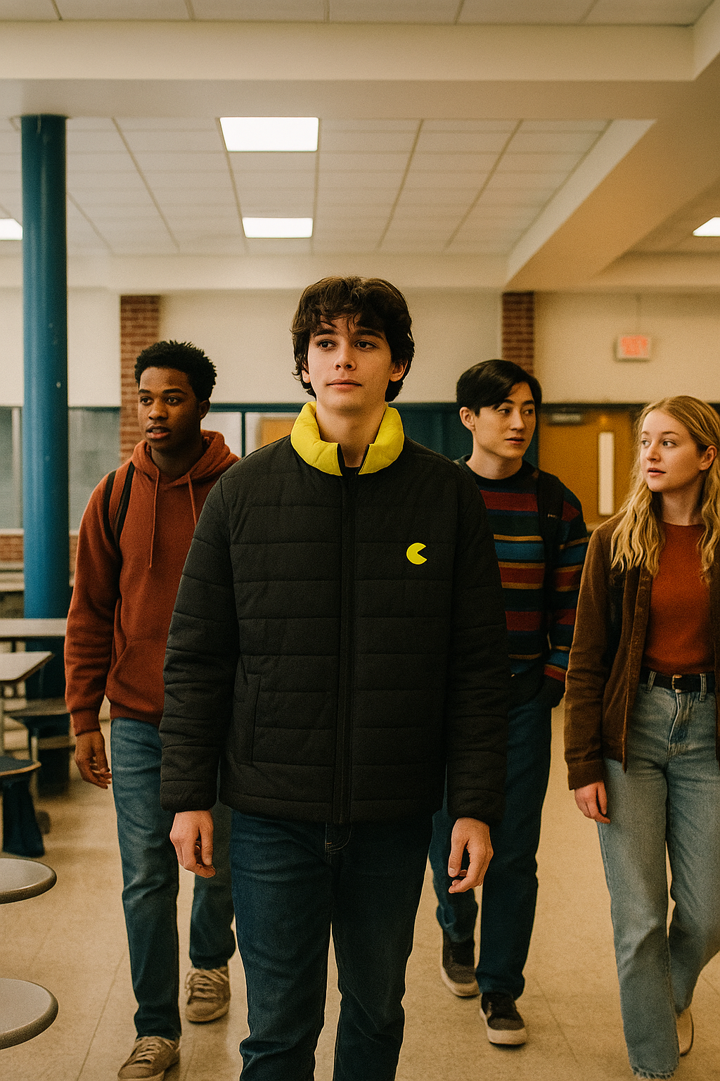 Man wearing Pac-Man Puffer Jacket walking indoors with friends