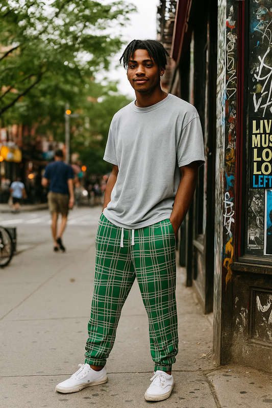 Young man wearing Green Plaid Joggers with a gray t-shirt and white sneakers on a city street, casual streetwear style.