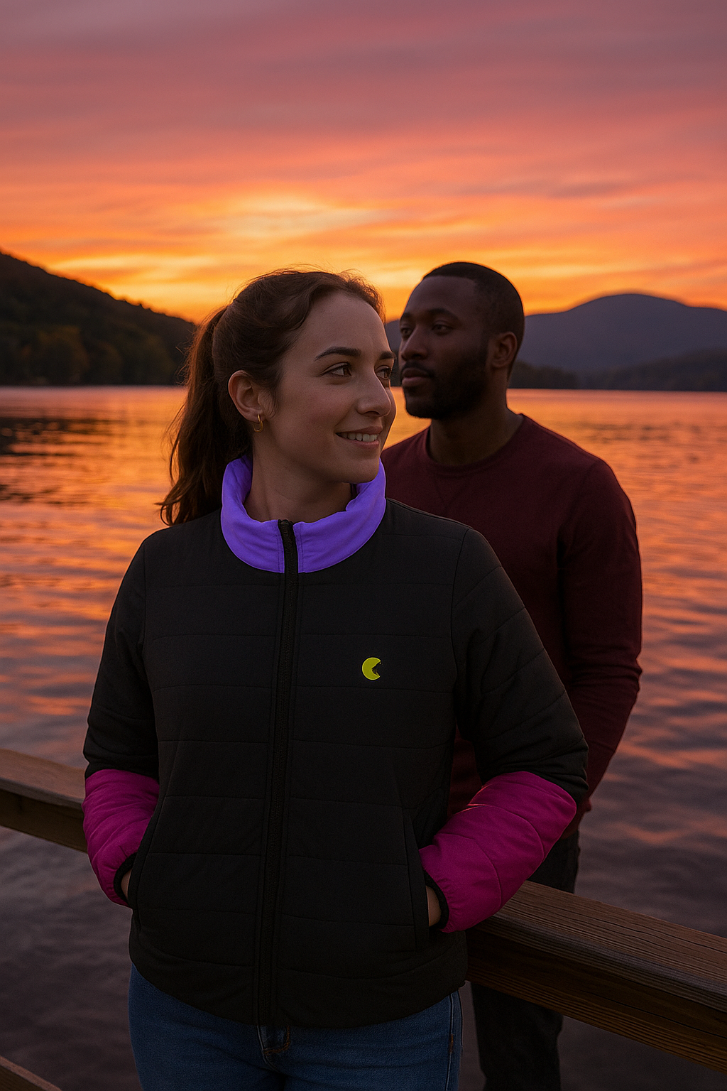 Two people standing by a lake at sunset, with a woman wearing a black jacket with a yellow pac-man in the and pink colored accent in the sleeves