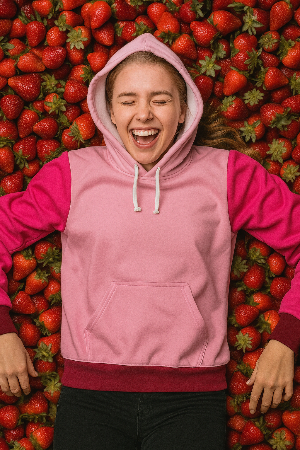 Smiling woman wearing Strawberry Cream Unisex Hoodie with pink and red color blocks lying on a bed of fresh strawberries enjoying playful cozy style