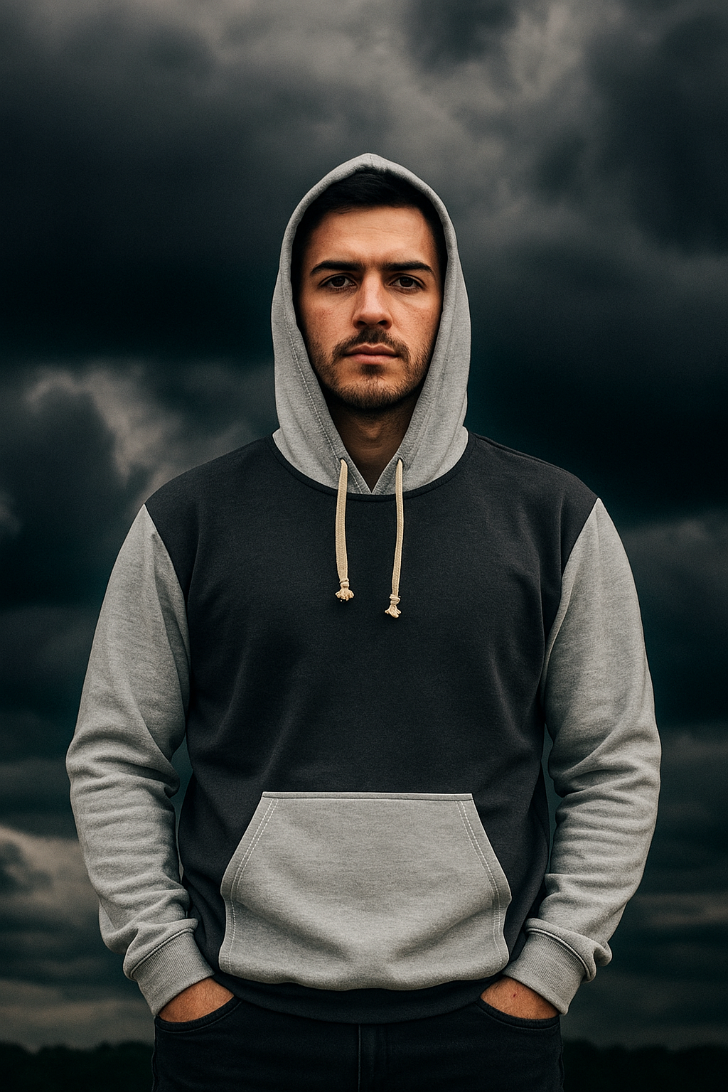Man wearing Storm Unisex Hoodie in dark charcoal and light gray color blocks standing outdoors with dramatic stormy clouds in the background
