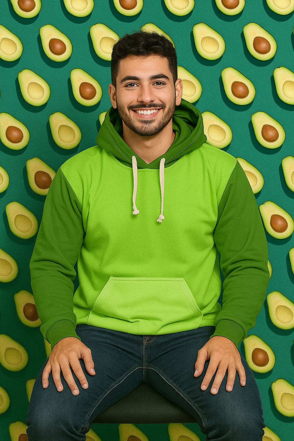 Smiling man wearing Avocado Unisex Hoodie in bright green with dark green accents sitting in front of a fun avocado pattern background