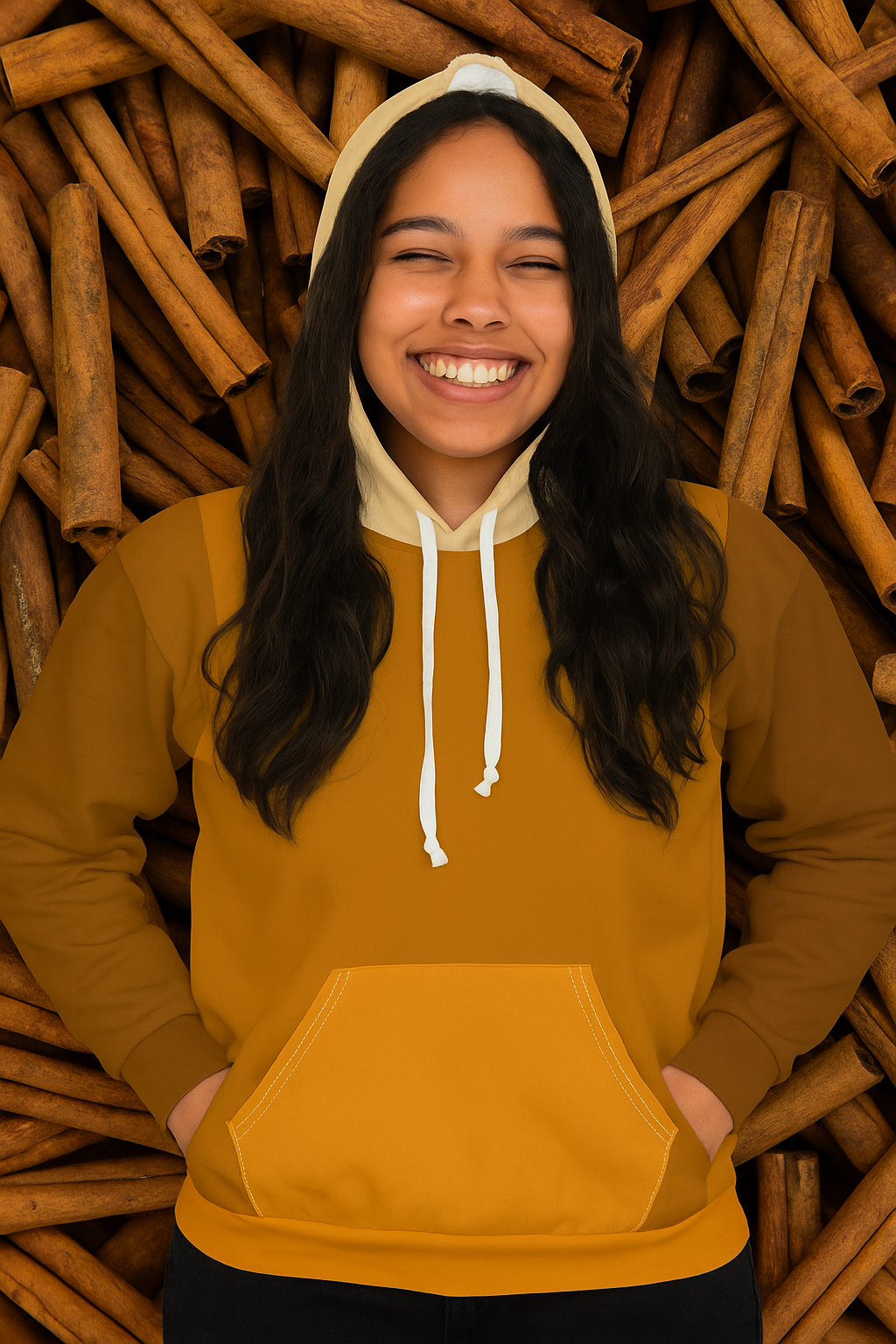 Smiling woman in Cinnamon Unisex Hoodie with brown and tan color blocks standing against a cinnamon stick background