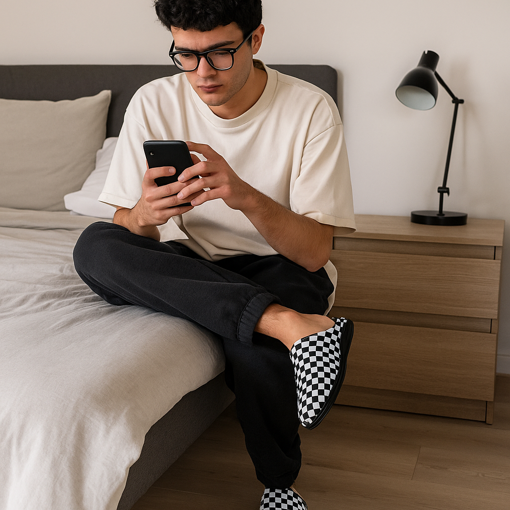 Person sitting on a bed using a phone while wearing black and white checkered slip on slippers, casual loungewear in a modern bedroom setting.