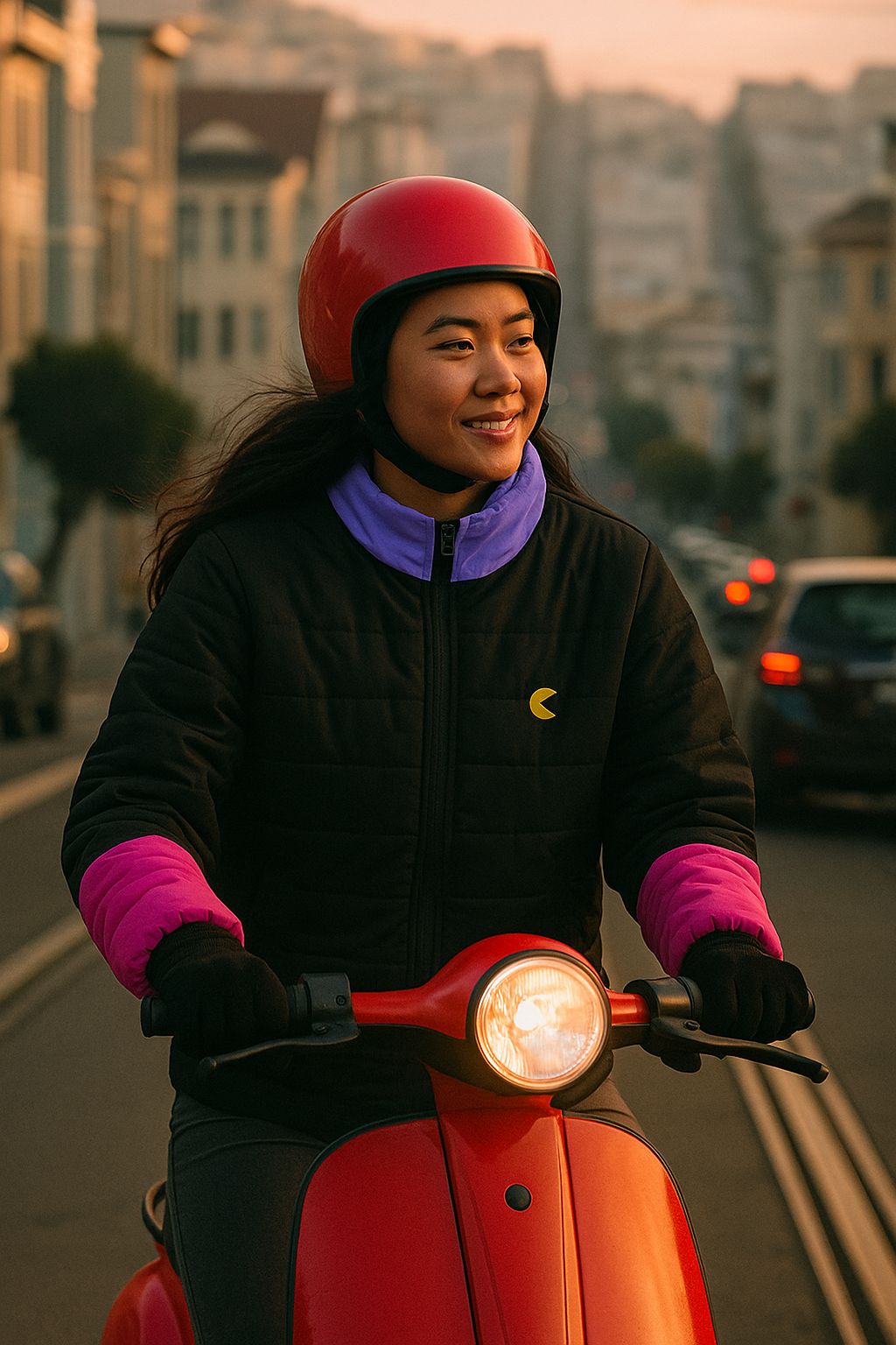 ChatGPT said:A person rides a red scooter on a city street at sunset, wearing a red helmet and a black jacket with purple accents. The rider is smiling, with buildings and cars visible in the softly lit background.